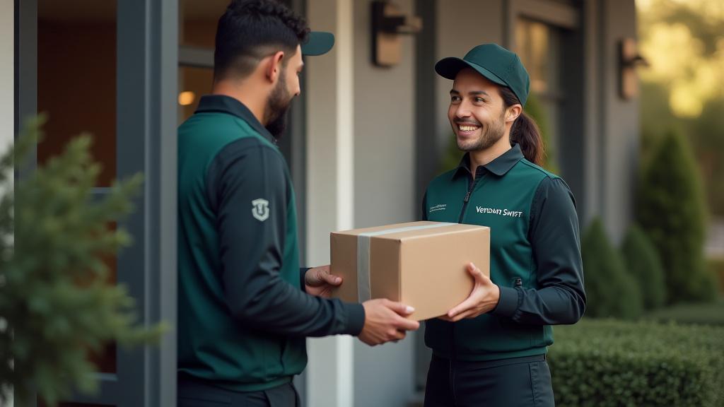 Verdant Swift courier handing package to customer at doorstep