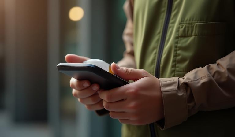 Courier scanning a package with a handheld device