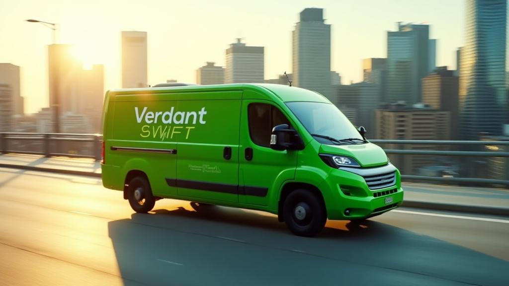 Verdant Swift electric delivery van driving through New York City with skyline in background