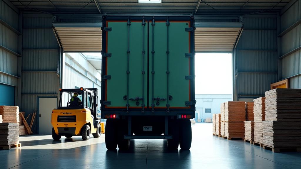 Rear view of heavy truck being loaded with pallets